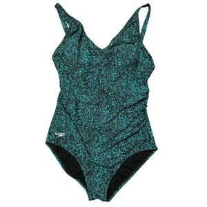 Speedo Women's One-piece Swimsuit Padded Side Ruched Size 10 Teal Black Swirls